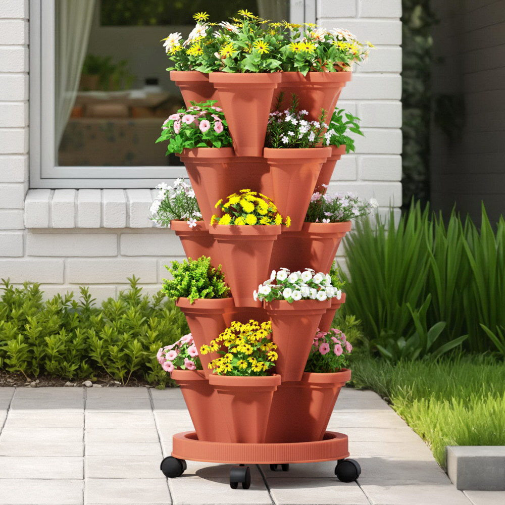 Green Fingers Raised Garden Bed 5 Tier Vertical Garden Brick Red Strawberry Stackable Planters Herbs Petunias