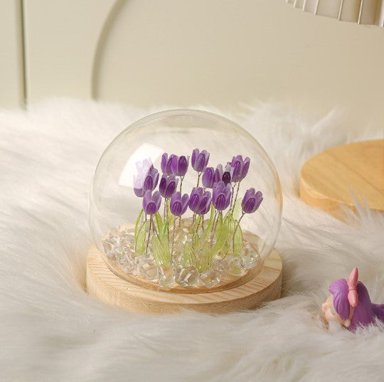 (Sixteen Purple Tulips) Glowing Tulip Dome Lamp -  Wooden Base, Bedside Table Decoration
