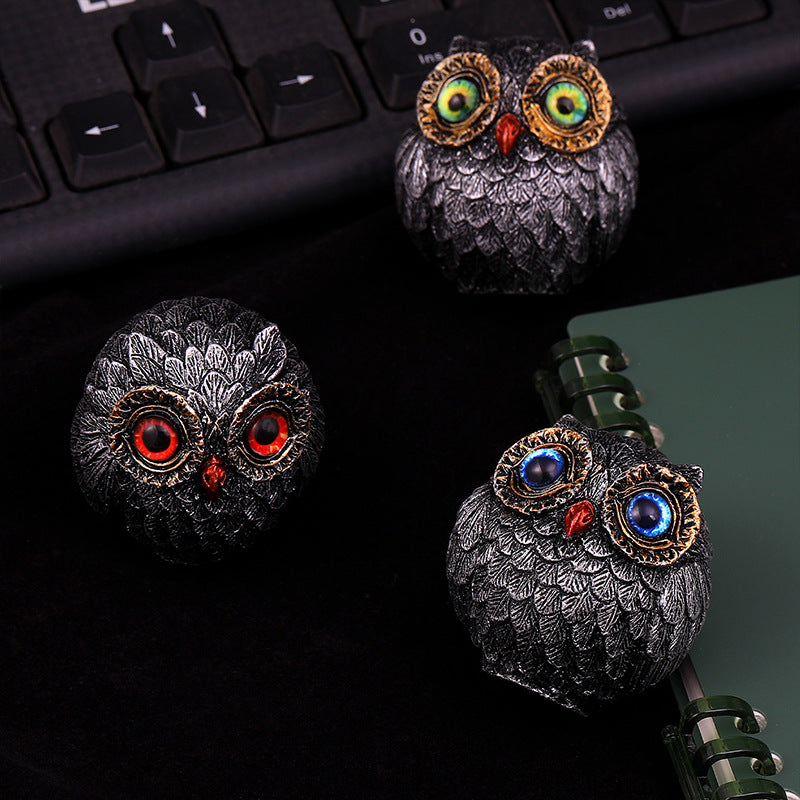 Set of Three Groups of Three Colors Small Decorative Resin Owl Figurine - Textured Statue with Blue Eyes(Blue, Green, Red)