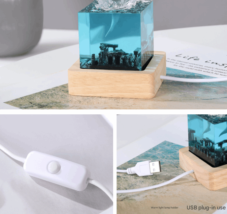 Unique Handmade Epoxy Resin Lamp - Marine Life Diorama, USB Light, Ocean Decor Gift (Waves into the water)