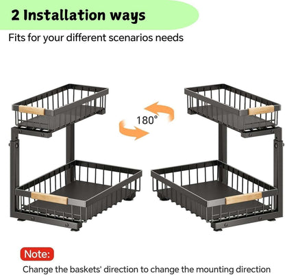 Set 2 pcs - 2-Tier Kitchen Under Sink Organiser Storage with Height Adjustable, Unique Slide Rail & Suction Cups for Storage