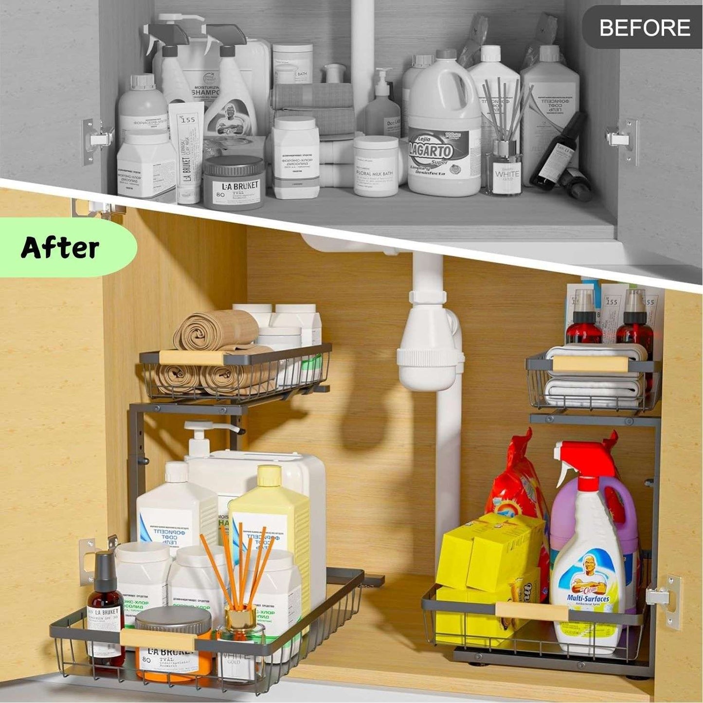 Set 2 pcs - 2-Tier Kitchen Under Sink Organiser Storage with Height Adjustable, Unique Slide Rail & Suction Cups for Storage