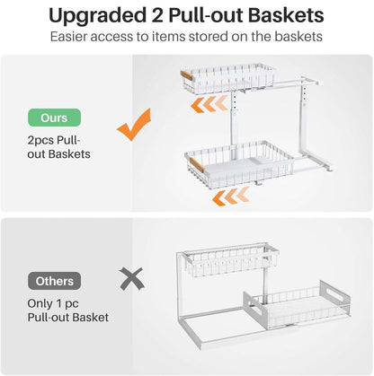 Set 2 pcs - 2-Tier Kitchen Under Sink Organiser Storage with Height Adjustable, Unique Slide Rail & Suction Cups for Storage