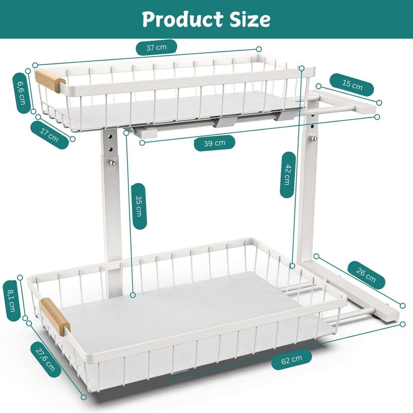 Set 2 pcs - 2-Tier Kitchen Under Sink Organiser Storage with Height Adjustable, Unique Slide Rail & Suction Cups for Storage