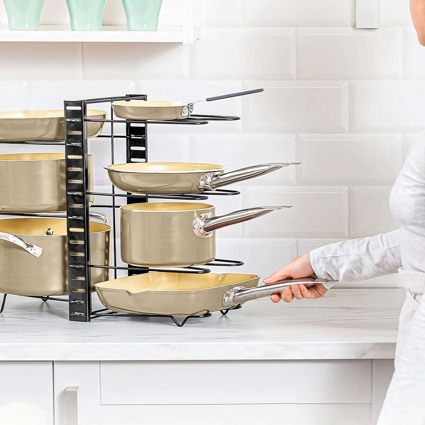 CARLA HOME Adjustable 8-Tier Pan Rack Pot Organizer for Kitchen Cabinet
