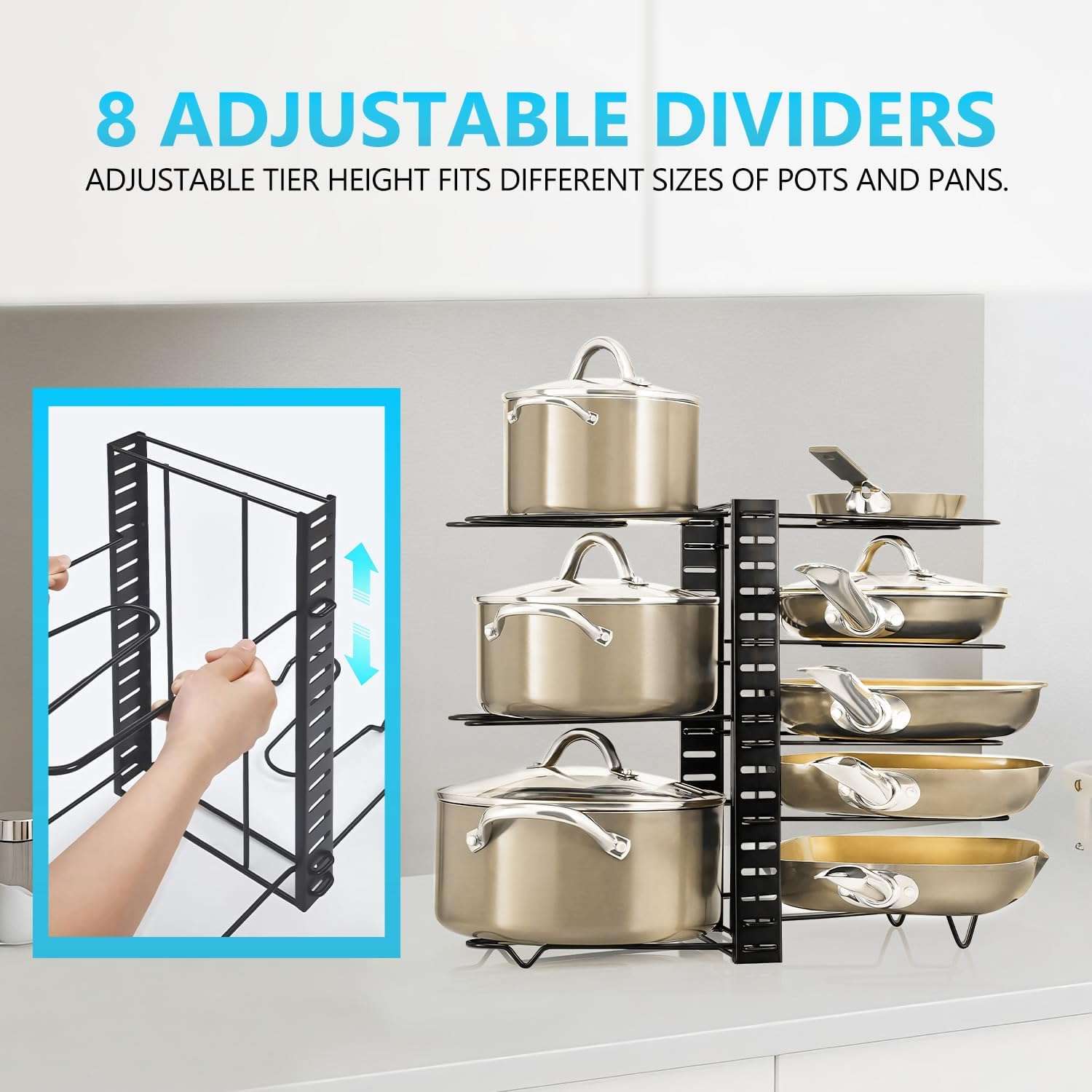 CARLA HOME Adjustable 8-Tier Pan Rack Pot Organizer for Kitchen Cabinet