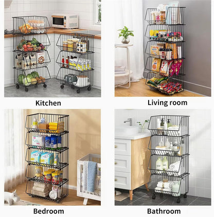 CARLA HOME Metal 5-Tier Rolling Vegetable and Fruit Basket Cart Stand for Kitchen