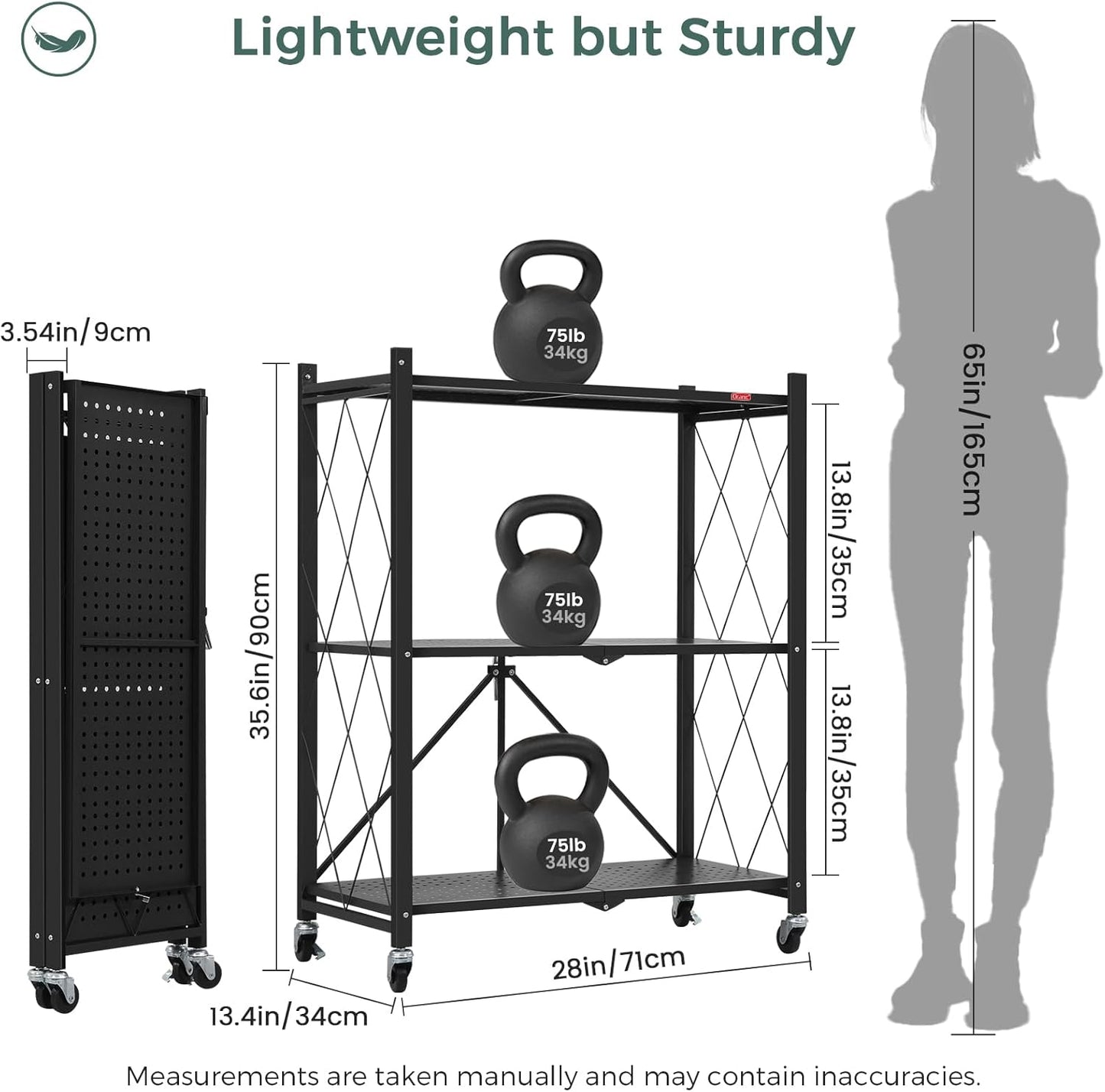 CARLA HOME 3-Tier Foldable Storage Shelf with Wheels for Kitchen, Garage, Pantry or Basement (Black)