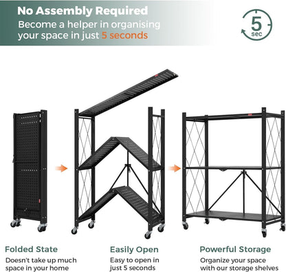 CARLA HOME 3-Tier Foldable Storage Shelf with Wheels for Kitchen, Garage, Pantry or Basement (Black)