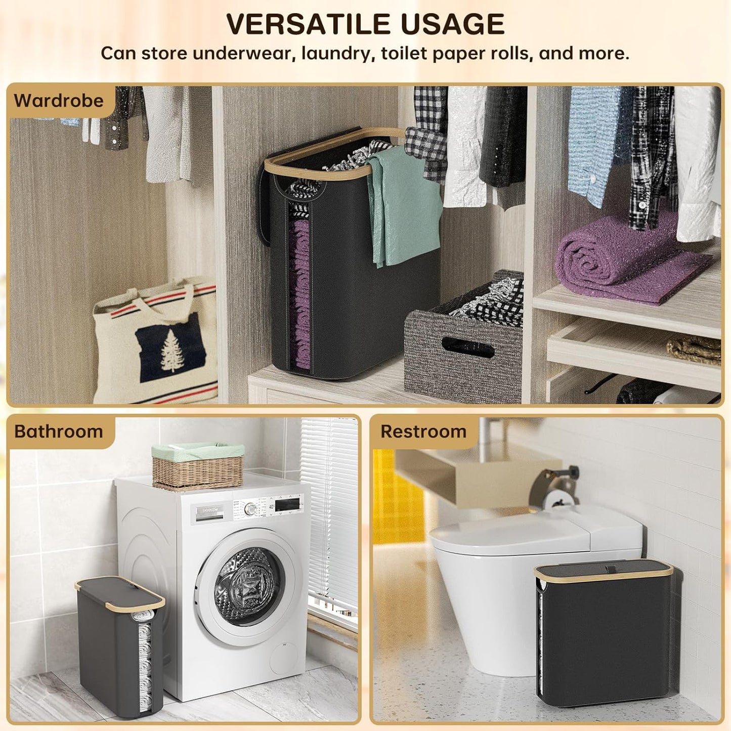 CARLA HOME Toilet Paper Storage Basket Holds Up to 12 Rolls with Bamboo Lid and Handle for RV Closet (Black)