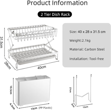 CARLA HOME 2-Tier Dish Drying Rack with Drainage Tray, Utensil Holder, Cup Hooks & Cutting Board Rack for Kitchen (White)