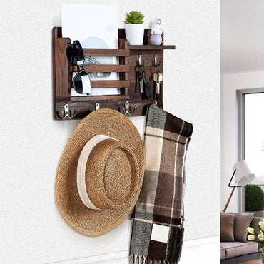 CARLA HOME Rustic Wood Wall Mounted Key and Mail Holder Organizer with Shelf, Letter Slot & 6 Hooks for Entryway Decor Home
