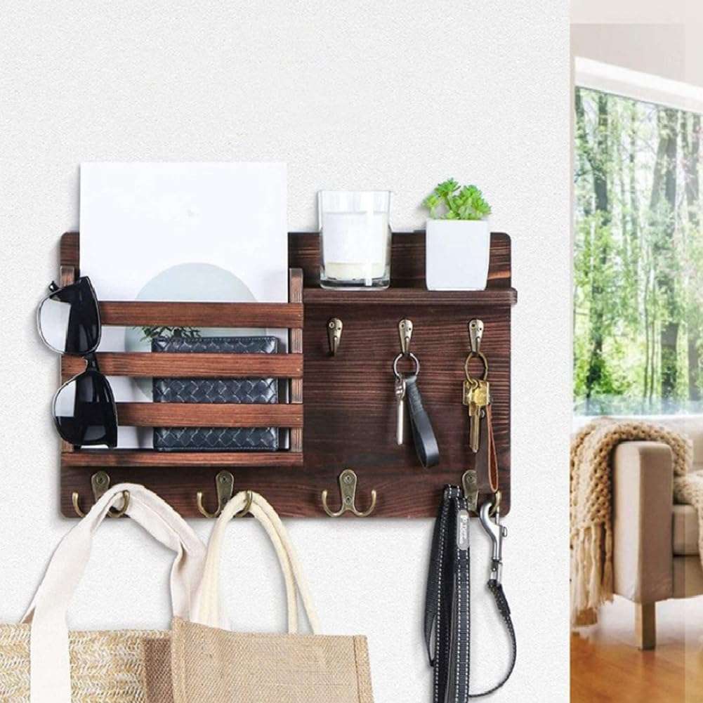 CARLA HOME Rustic Wood Wall Mounted Key and Mail Holder Organizer with Shelf, Letter Slot & 6 Hooks for Entryway Decor Home