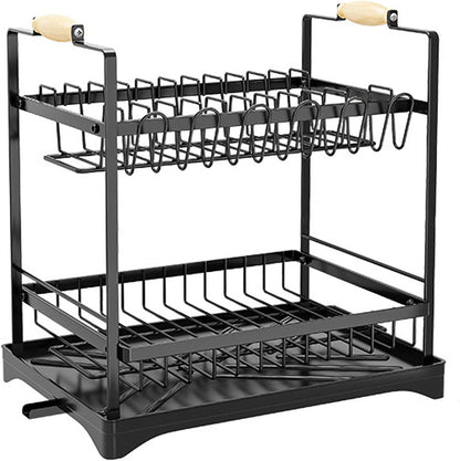 CARLA HOME 2-Tier Large Dish Drying Rack with Drainboard, Utensil Holder, Glass Hooks & Cutlery Storage (Black)