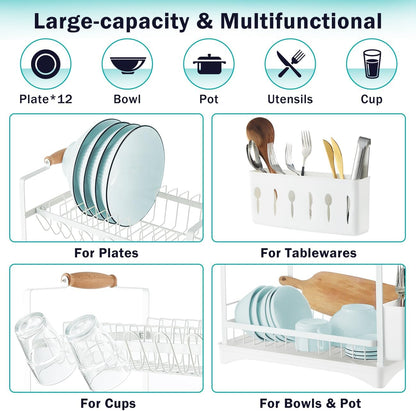 CARLA HOME 2-Tier Large Dish Drying Rack with Drainboard, Utensil Holder, Glass Hooks & Cutlery Storage (White)
