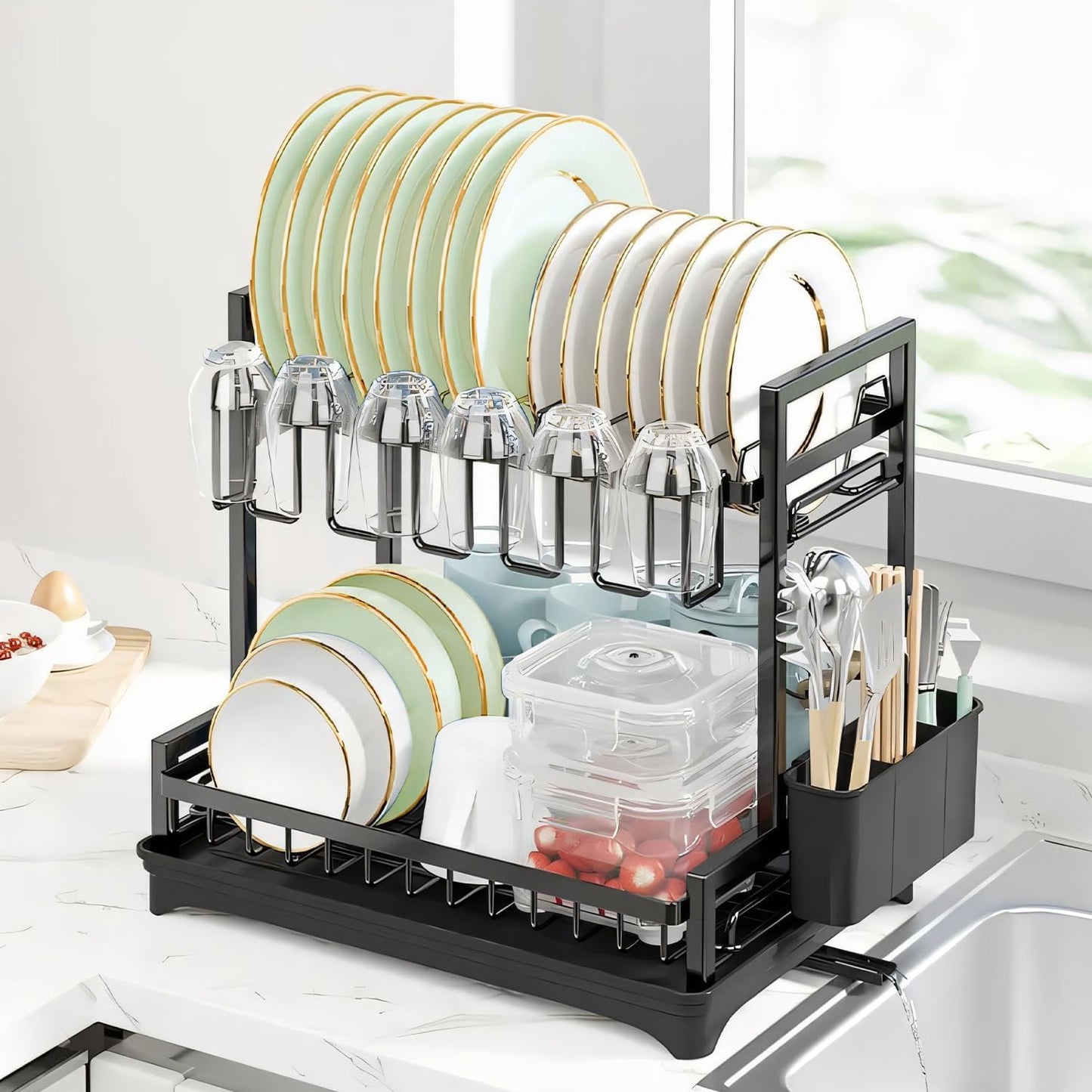 CARLA HOME Dish Drying Rack 2-Tier Kitchen Drainer with Drainboard