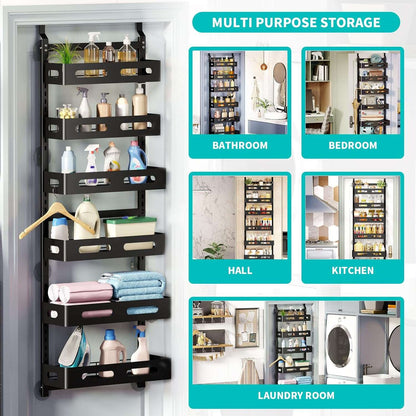 CARLA HOME 6 Tier Over the Door Organizer with Adjustable Metal Pantry Storage Rack and Hanging Baskets for Kitchen and Bathroom