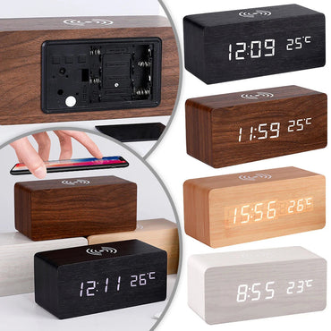 Modern Wooden LED Desk Clock with Qi Charger