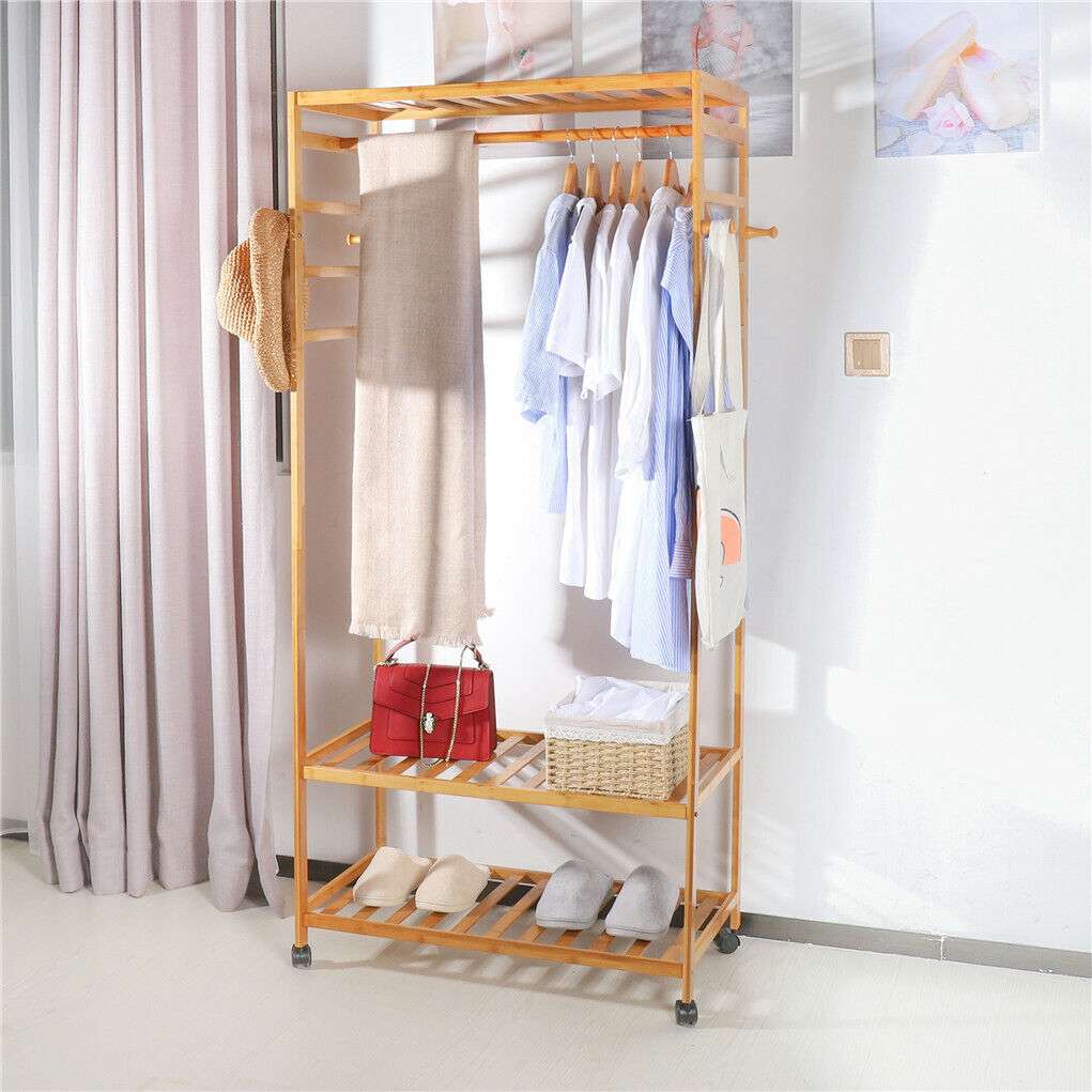 3-Tier Wooden Clothes Rack Rolling Garment Stand w/ Hooks