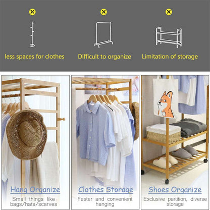 3-Tier Wooden Clothes Rack Rolling Garment Stand w/ Hooks