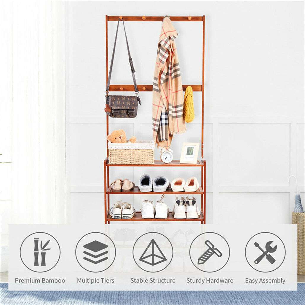 Bamboo 5-Tier Hat Coat Shoe Rack Entryway Bench Hanger Storage