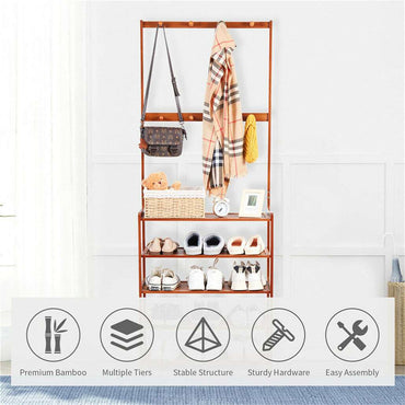 Bamboo 5-Tier Hat Coat Shoe Rack Entryway Bench Hanger Storage