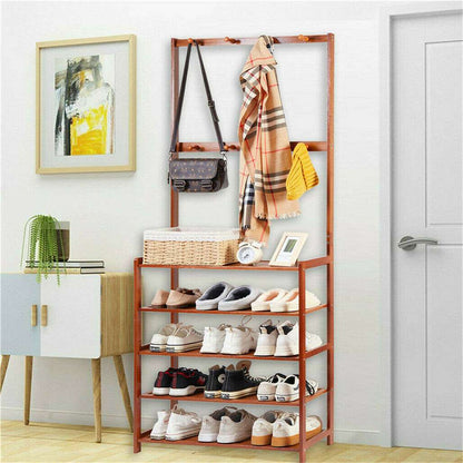 Bamboo 5-Tier Hat Coat Shoe Rack Entryway Bench Hanger Storage