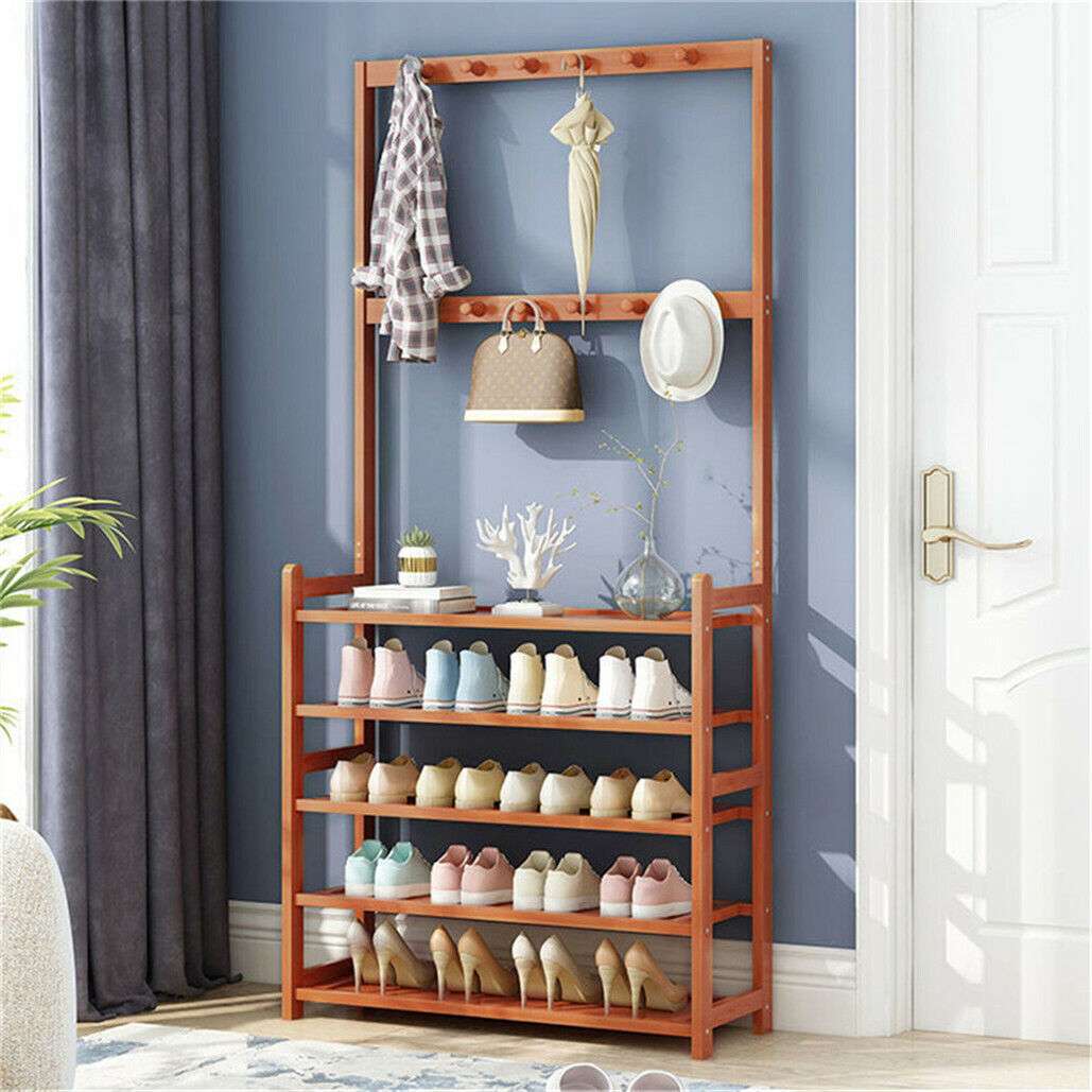 Bamboo 5-Tier Hat Coat Shoe Rack Entryway Bench Hanger Storage
