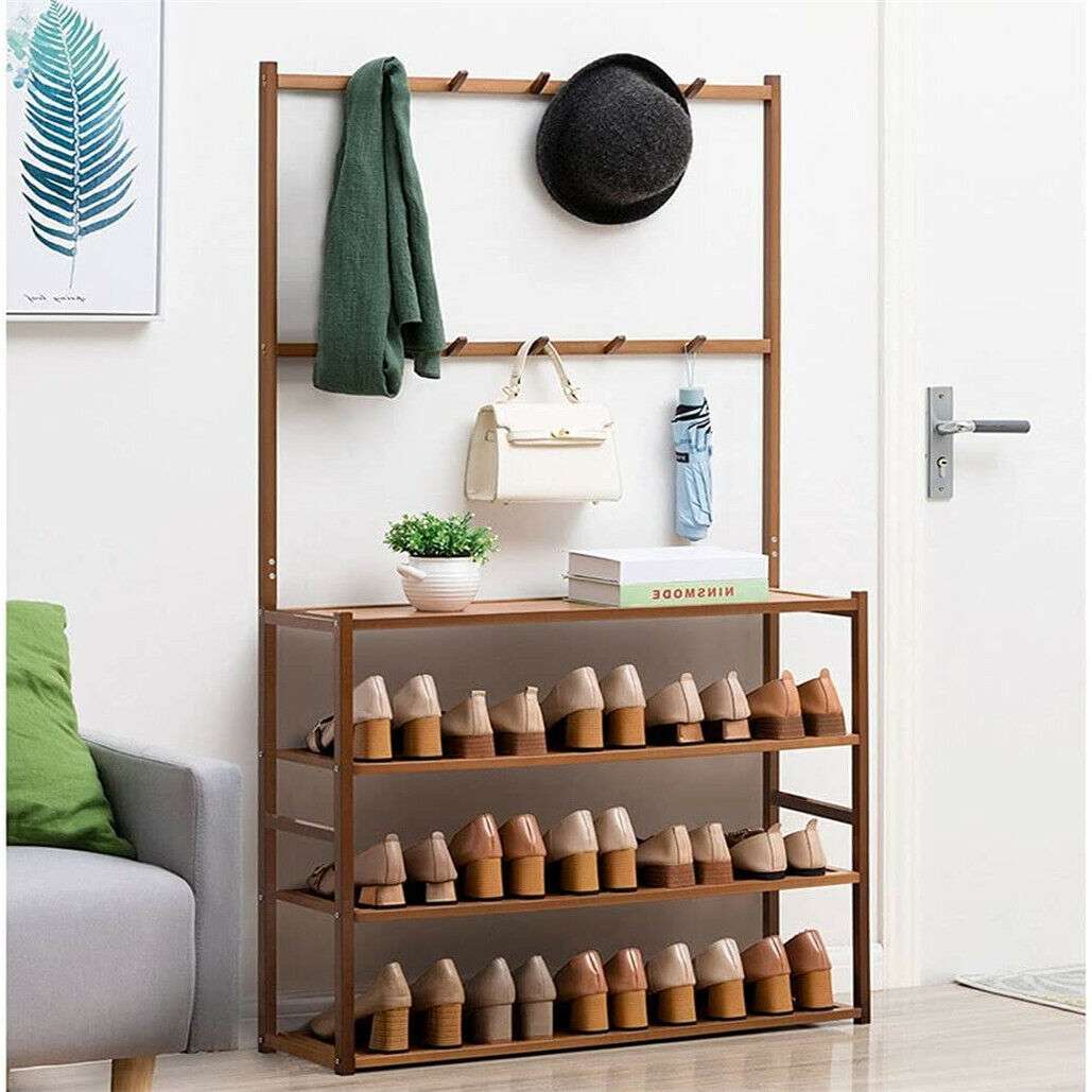 Bamboo 5-Tier Hat Coat Shoe Rack Entryway Bench Hanger Storage