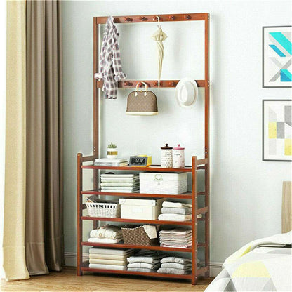 Bamboo 5-Tier Hat Coat Shoe Rack Entryway Bench Hanger Storage
