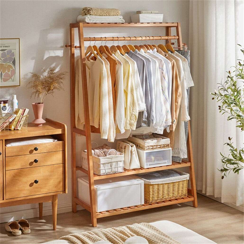 Bamboo Garment Rack Portable Laundry Storage Nature -