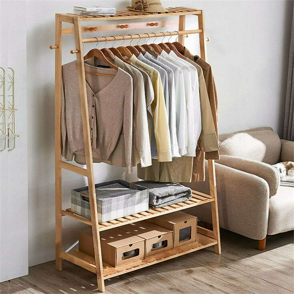Bamboo Garment Rack Portable Laundry Storage Nature -