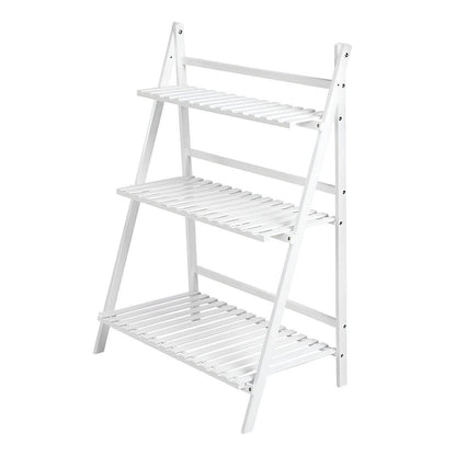 Balcony Plant Stand 3-Layer Wooden Flower Pot Corner Stand White Log Foldable - White