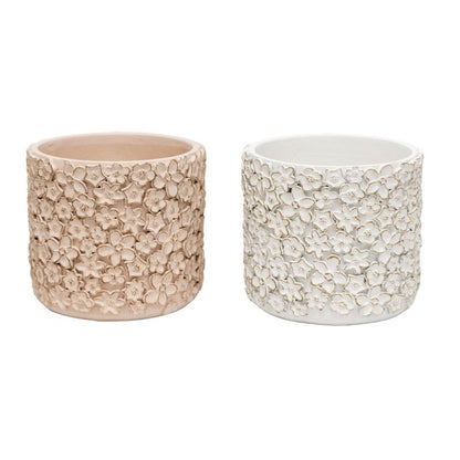 Set 2 Asst Flower Embossed Planters w Hole + Plug 18cm