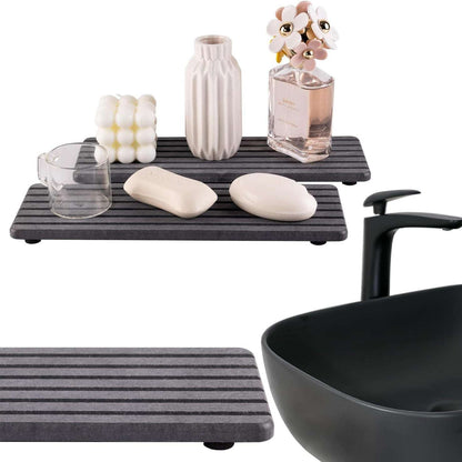 Upper And Lower Slots White 2-Piece Rectangular Diatomaceous Earth Coaster Set - Absorbent Grooved Mat for Sink and Bathroom