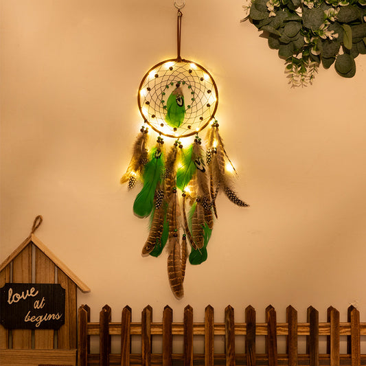 Rounded With Lights Boho Forest Dreamcatcher Wind Chime Pendant - INS Style Moonlit Serenity Decor