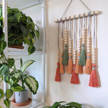 Colorful Tassel Wall Hanging-Wooden Beads Boho Tapestry Home Decor (Daylily red)