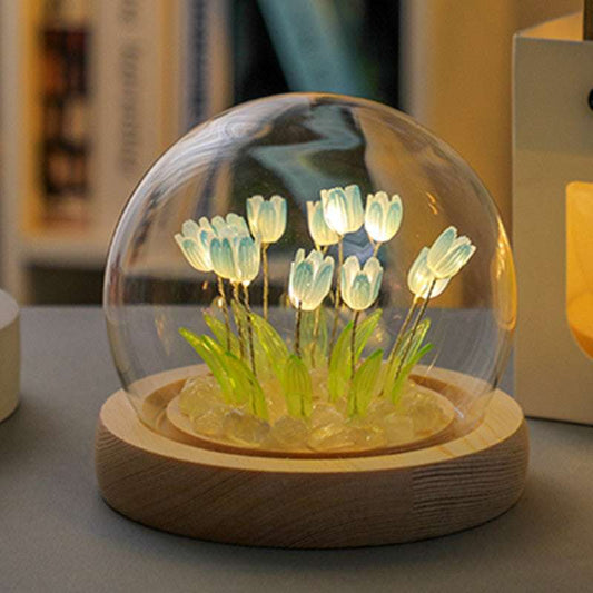 (Ten Blue Tulips) Glowing Tulip Dome Lamp -  Wooden Base, Bedside Table Decoration