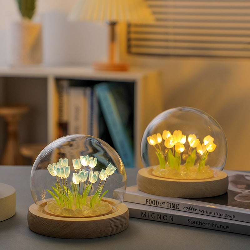 (Ten Blue Tulips) Glowing Tulip Dome Lamp -  Wooden Base, Bedside Table Decoration