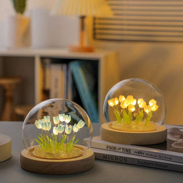 (Ten Blue Tulips) Glowing Tulip Dome Lamp -  Wooden Base, Bedside Table Decoration
