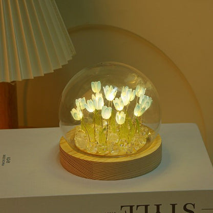 (Ten Blue Tulips) Glowing Tulip Dome Lamp -  Wooden Base, Bedside Table Decoration