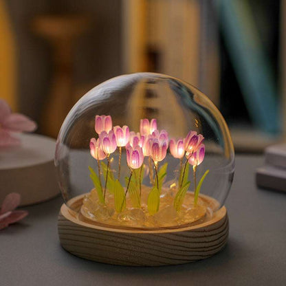 (Sixteen Purple Tulips) Glowing Tulip Dome Lamp -  Wooden Base, Bedside Table Decoration