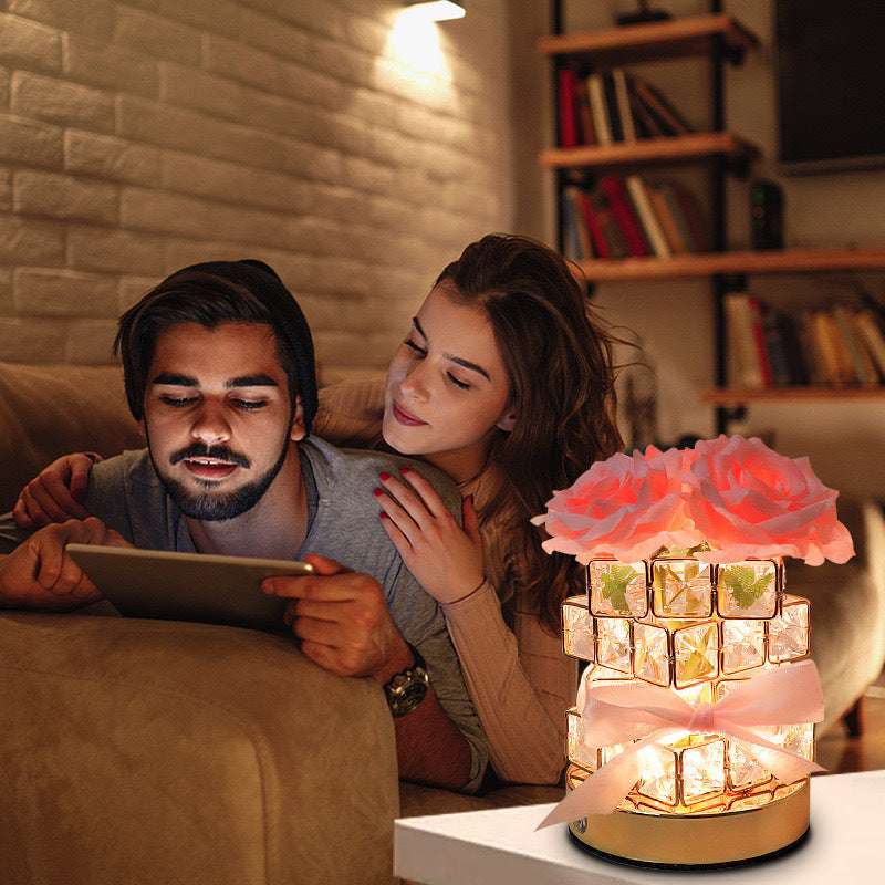 Pink Rose LED Crystal Flower Table Lamp - USB Rechargeable Touch Control Night Light