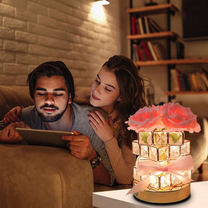 Pink Rose LED Crystal Flower Table Lamp - USB Rechargeable Touch Control Night Light