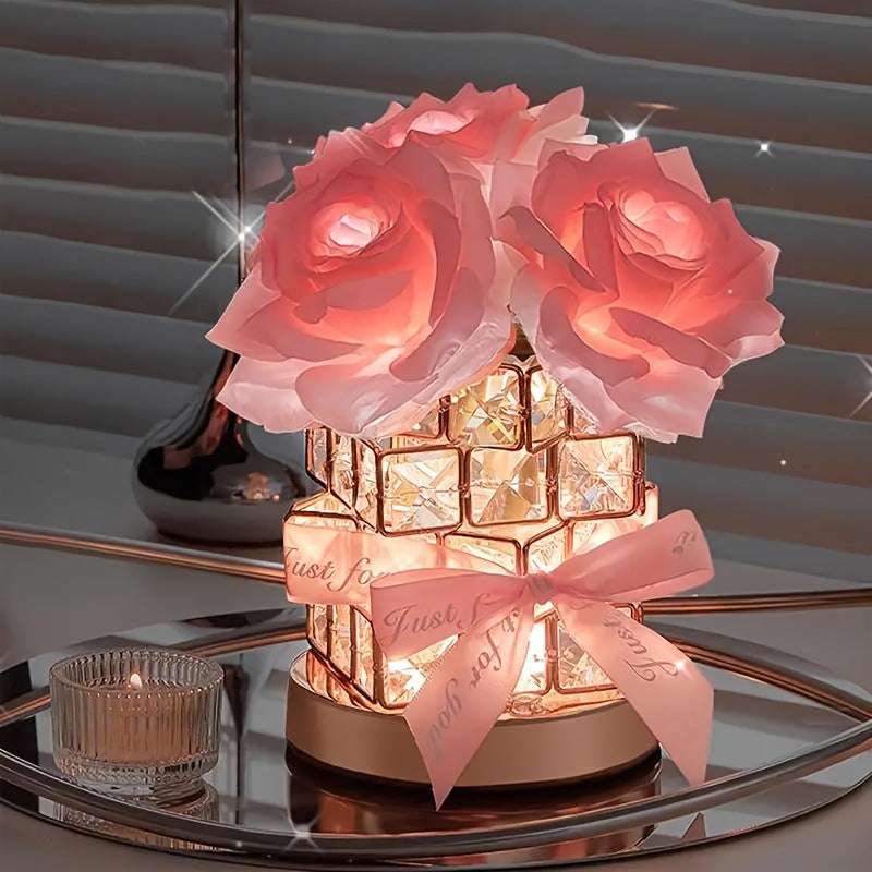 Pink Rose LED Crystal Flower Table Lamp - USB Rechargeable Touch Control Night Light