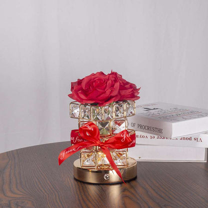 Red Rose LED Crystal Flower Table Lamp - USB Rechargeable Touch Control Night Light