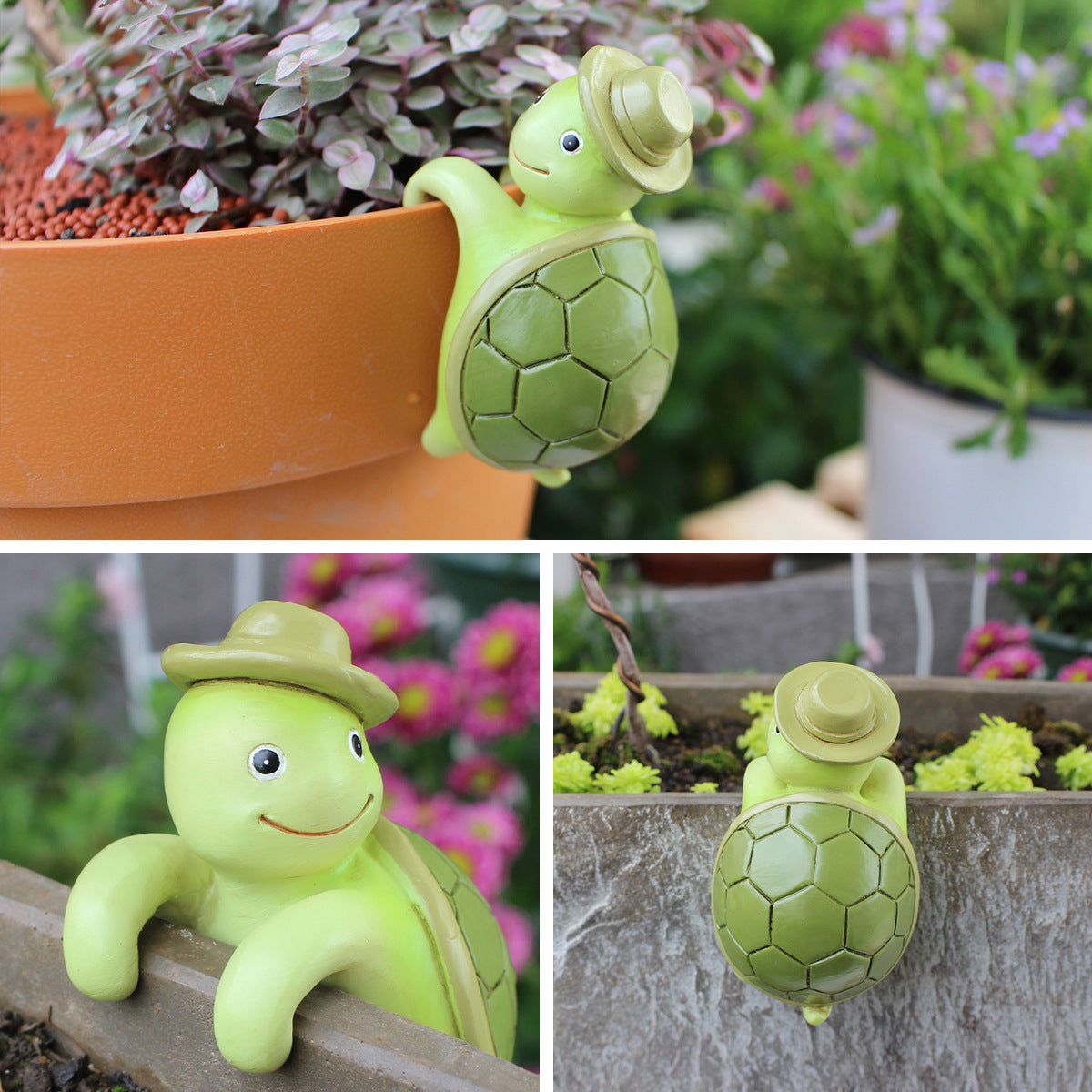 2 Pcs Green Cute Resin Turtle Pot Hanger - Garden Planter Pal Figurine Decoration
