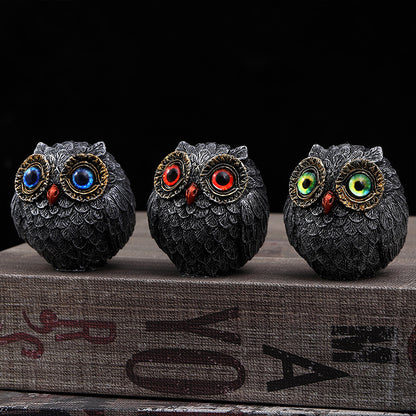 Set of Three Groups of Three Colors Small Decorative Resin Owl Figurine - Textured Statue with Blue Eyes(Blue, Green, Red)