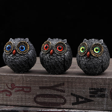 Set of Three Groups of Three Colors Small Decorative Resin Owl Figurine - Textured Statue with Blue Eyes(Blue, Green, Red)