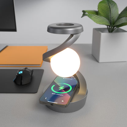 Grey-Black Modern Levitating LED Desk Lamp with Wireless Phone Charger - Spiral Design Atmosphere Light